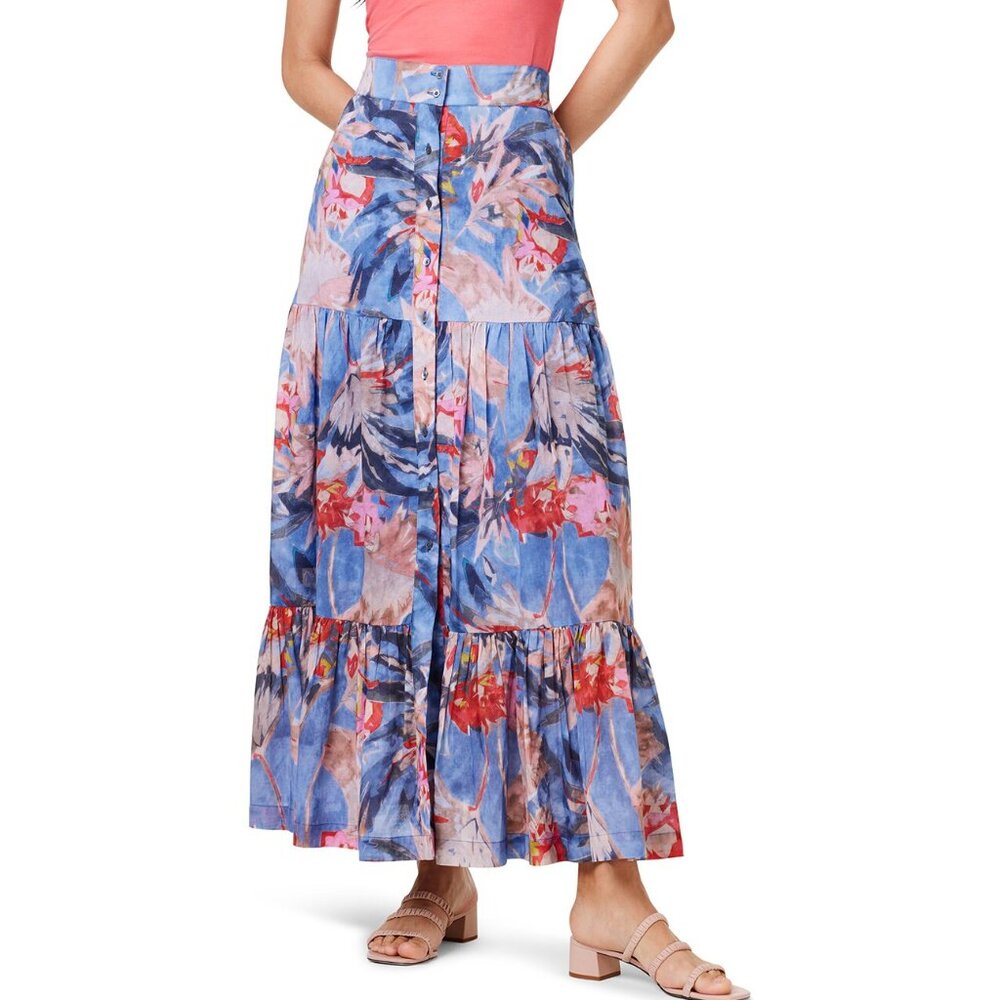 NIC+ZOE Blue Pink Floral Tiered Midi Skirt